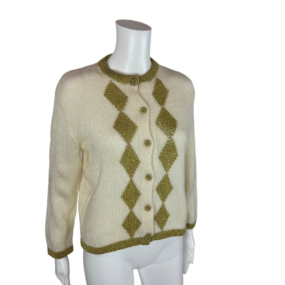 Vintage 80s Metallic Cardigan Women's Large Gold Harlequin Diamonds Sweater - Picture 2 of 8